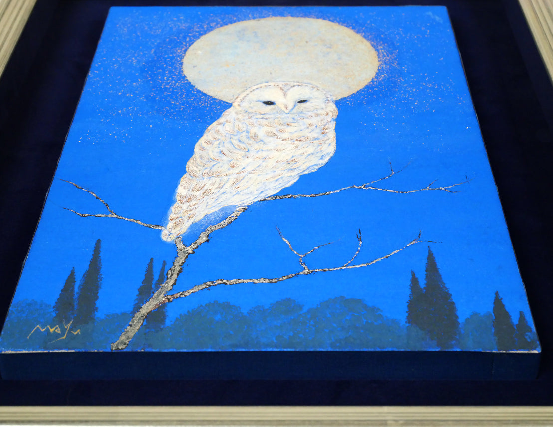 山下まゆみ「森の賢者（フクロウ）」日本画・P6号　額装画像2