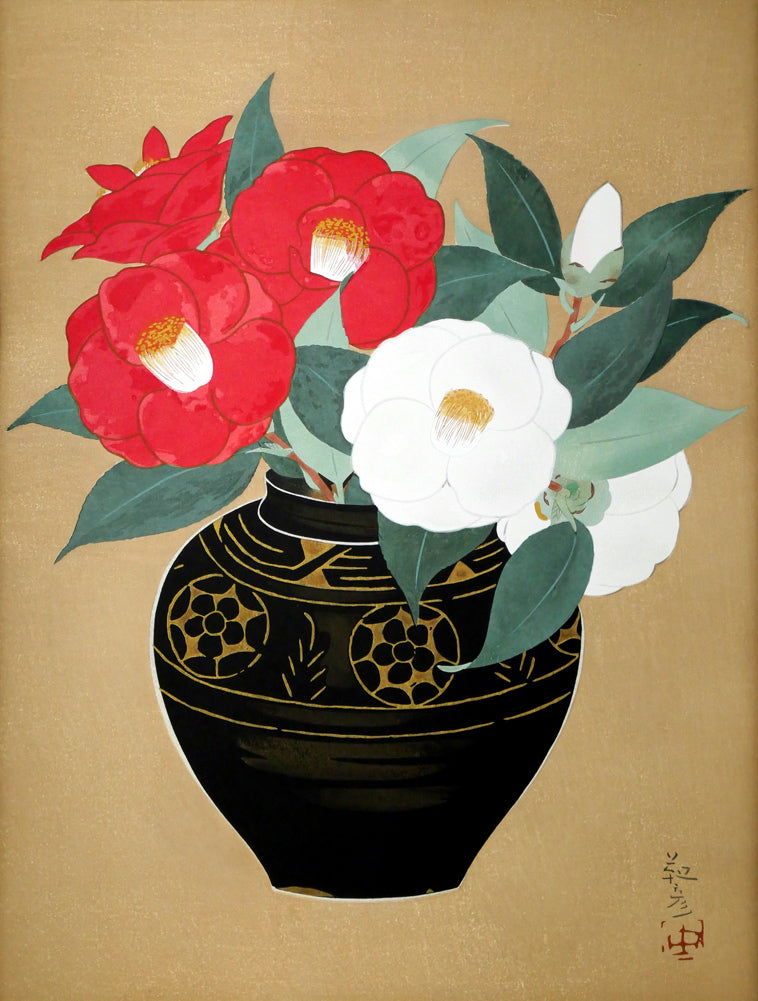 安田靫彦「紅白椿」木版画　作品全体画像