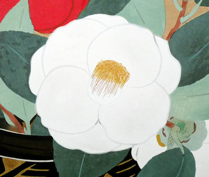 安田靫彦「紅白椿」木版画　拡大画像3