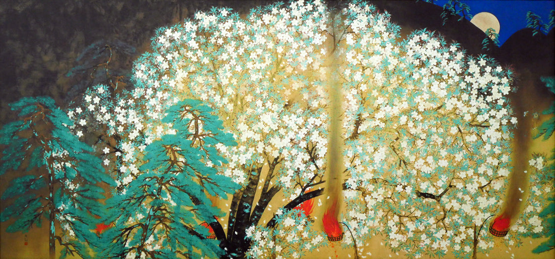 横山大観「夜桜　左隻」コロタイプ・シルクスクリーン版画　作品全体画像