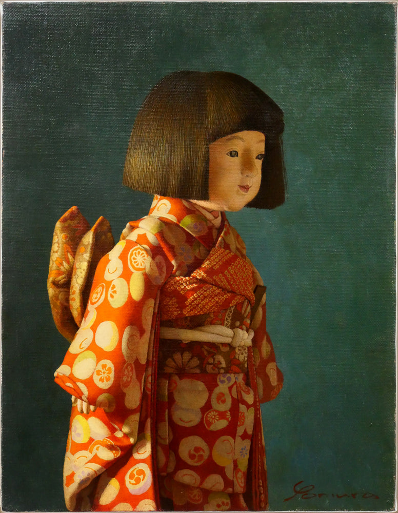 余村展「人形（市松人形）（白額）」油絵・F6号　作品全体画像