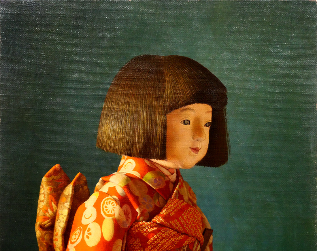 余村展「人形（市松人形）（白額）」油絵・F6号　拡大画像1