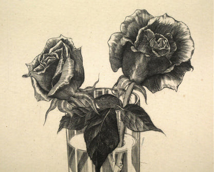 吉田勝彦「薔薇二輪」銅版画　拡大画像1