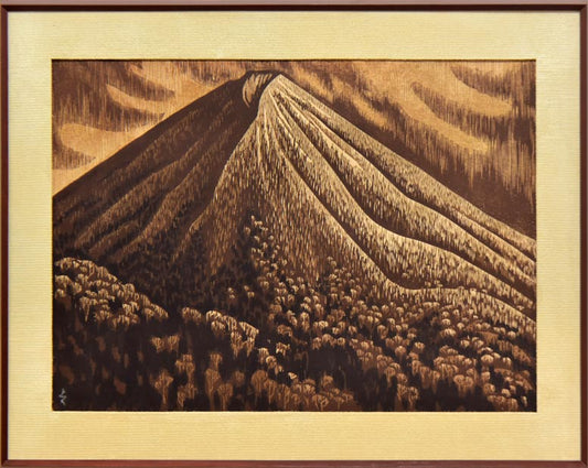 阿部貞夫「夕照（雄阿寒岳）」木版画