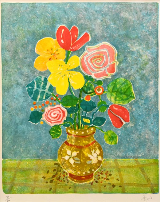 ポール・アイズピリ「バラときんぽうげの花束」リトグラフ　作品全体拡大画像