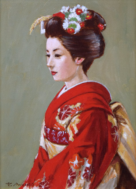 荒木義太郎「新春の舞妓」油絵・F4号　作品全体拡大画像