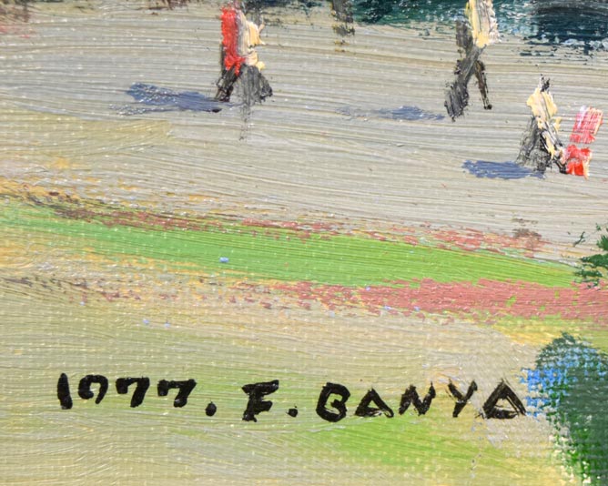 萬谷藤男「樽前岳の初夏（支笏湖）」油絵・F6号　年記（1977年作）、サイン拡大画像