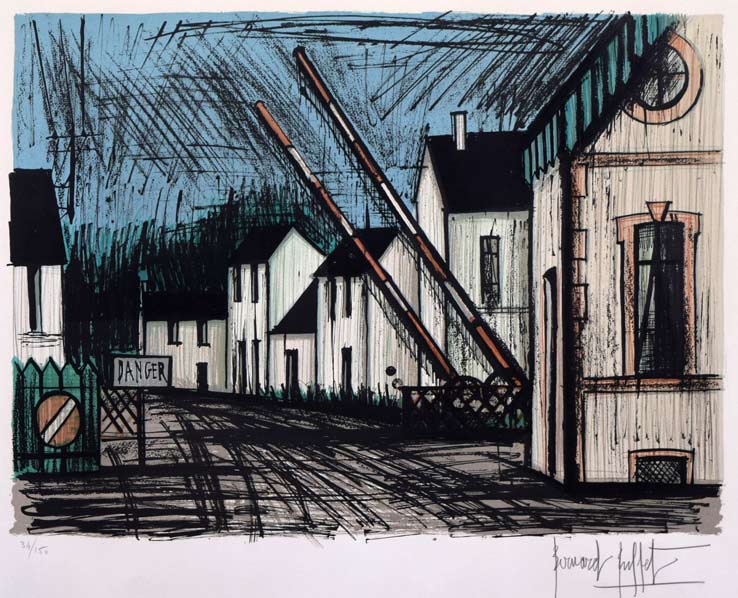 ベルナール・ビュッフェ（Bernard　BUFFET）「踏切」リトグラフ　作品全体画像