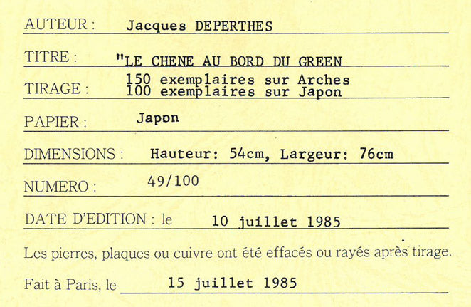 ジャック・デペルト(Jacques　DEPERTHES)「樫の木のあるグリーン」リトグラフ　作品保証書拡大画像