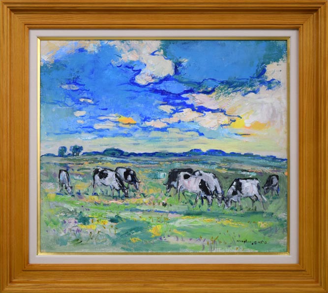 遠藤ミマン「牛のいる風景」油絵・F10号