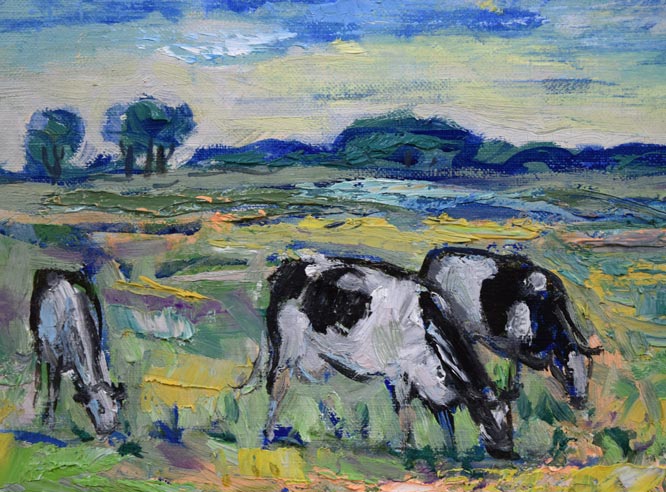 遠藤ミマン「牛のいる風景」油絵・F10号 絵画買取・販売の小竹美術
