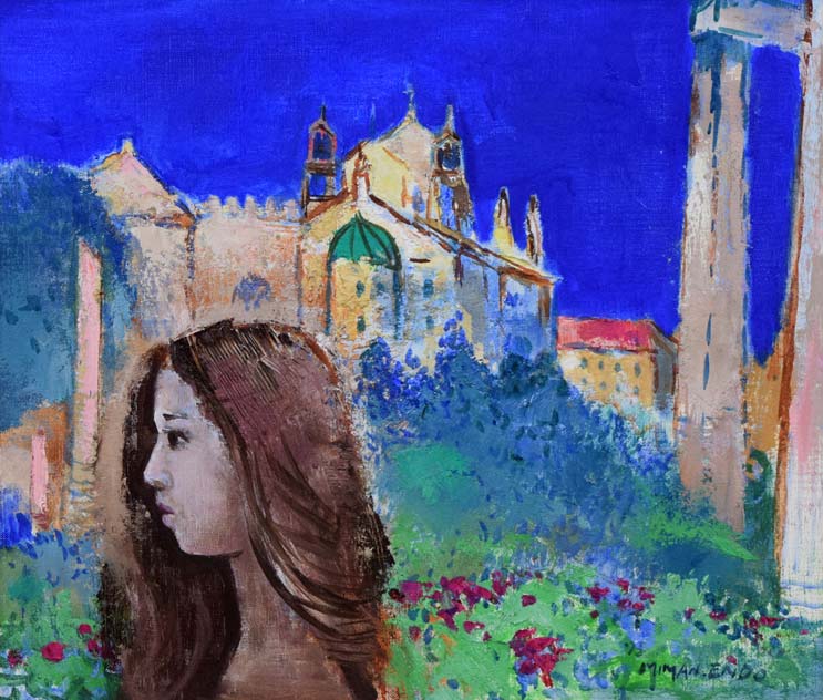 遠藤ミマン「城と女性」油絵・F10号　作品全体拡大画像