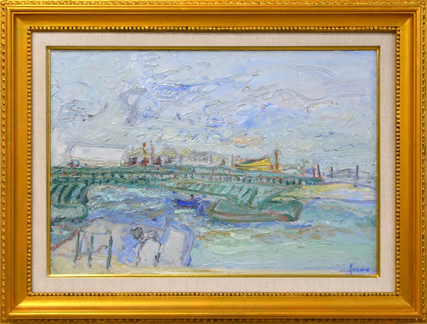 ジャン・フサロ「橋のある風景」油絵・仏P10号・1971年作・「ギャルリーためなが」シール