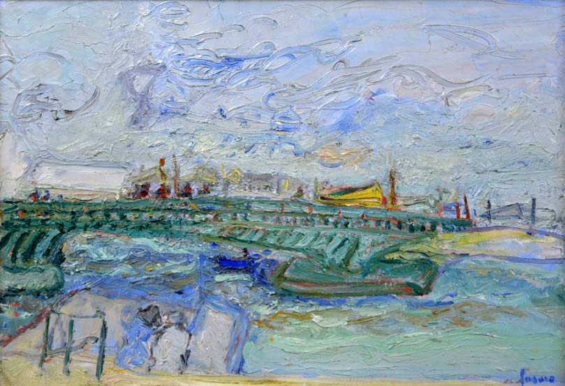 ジャン・フサロ「橋のある風景」油絵・仏P10号・1971年作・「ギャルリーためなが」シール　全体拡大部分