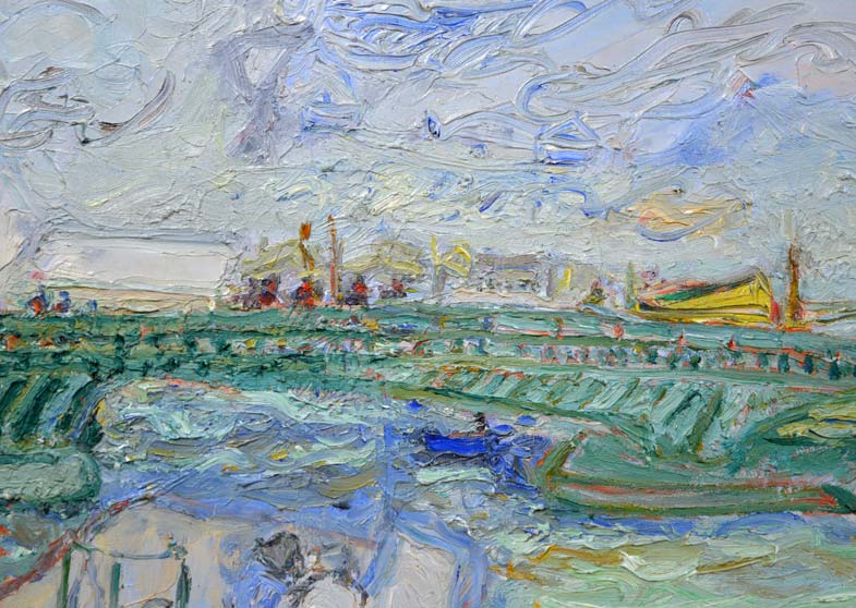 ジャン・フサロ「橋のある風景」油絵・仏P10号・1971年作・「ギャルリーためなが」シール　拡大部分1