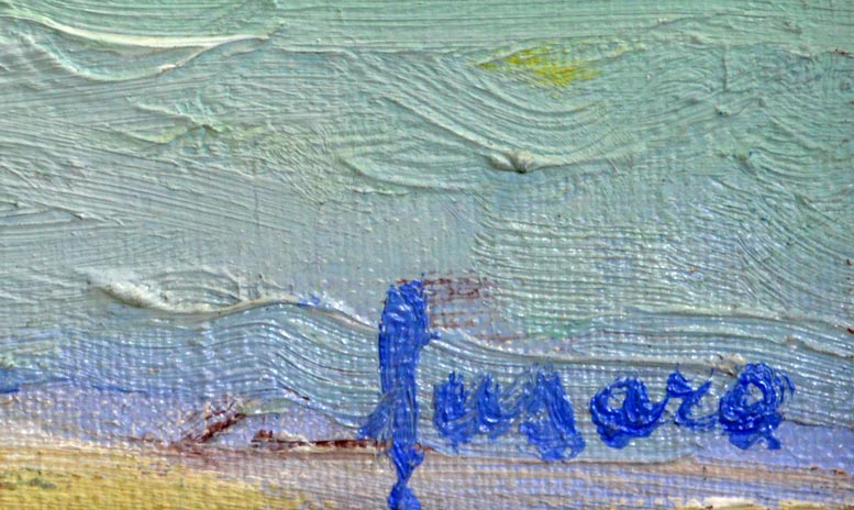 ジャン・フサロ「橋のある風景」油絵・仏P10号・1971年作・「ギャルリーためなが」シール　サイン部分