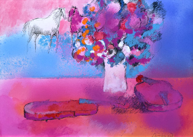 ポール・ギヤマン「2頭の馬と2つのバイオリン」グアッシュ（水彩画）　作品全体拡大画像