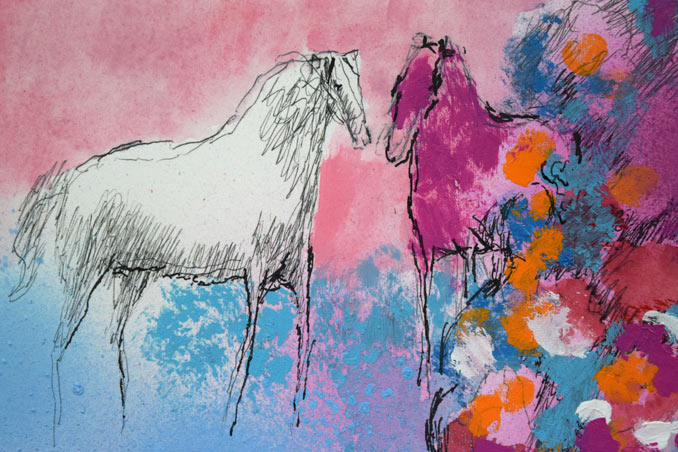 ポール・ギヤマン「2頭の馬と2つのバイオリン」グアッシュ（水彩画）　拡大画像1