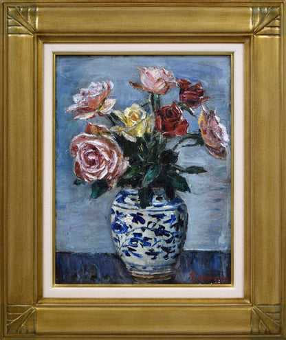 萩谷巌「静物画（ばら）」油絵・F6号
