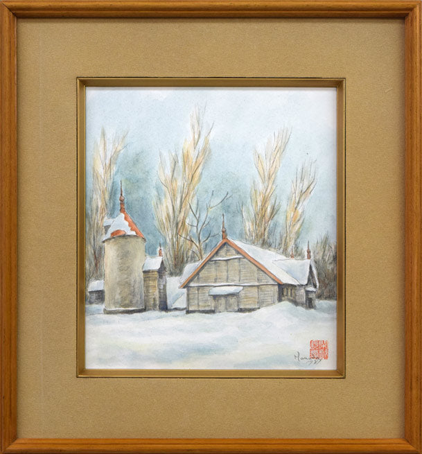 花田弥一「サイロのある風景」水彩画
