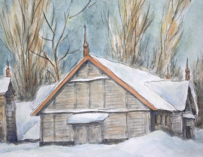 花田弥一「サイロのある風景」水彩画　拡大画像3