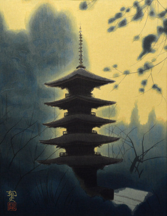 平山郁夫「室生寺の塔」木版画　作品全体画像