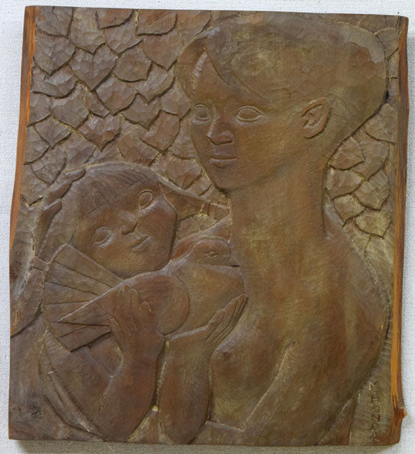 本田明二「母と子」木彫作品