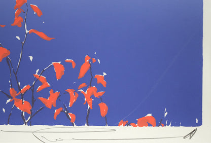 本間武男「紅」シルクスクリーン版画　本人直筆鉛筆サイン拡大画像