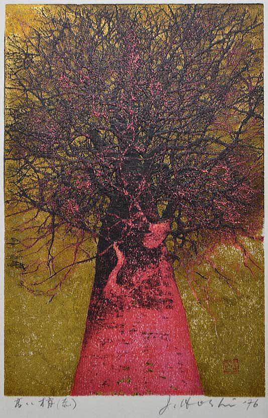 星襄一「高い梢（赤）」木版画・1976年作　拡大部分