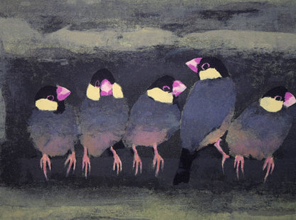 五百住乙人「文鳥」リトグラフ　拡大画像1