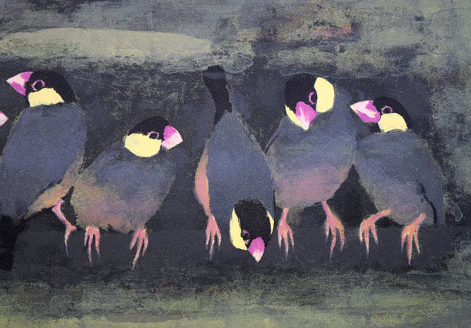 五百住乙人「文鳥」リトグラフ　拡大画像2