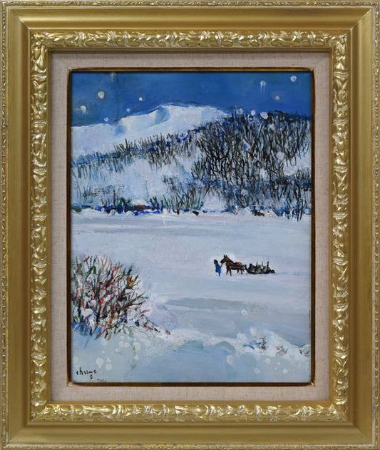 岩船修三「馬橇の通る雪道」油絵・F6号