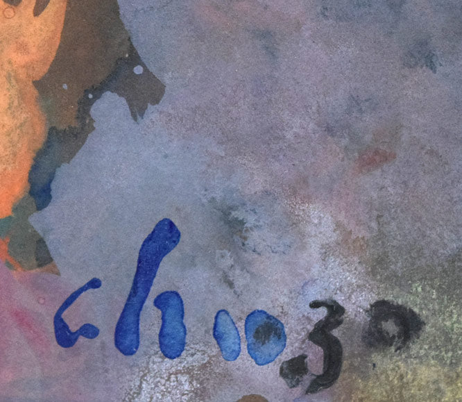 岩船修三「偉い神さまの梟」水彩画　サイン拡大画像