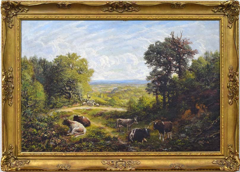 ジョージ　W　モート（GEORGE　WILLIAM　MOTE）「群れを気遣う羊飼い（19世紀英国絵画）」油絵・変形25号