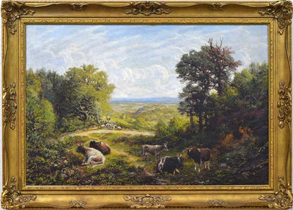 ジョージ　W　モート（GEORGE　WILLIAM　MOTE）「群れを気遣う羊飼い（19世紀英国絵画）」油絵・変形25号