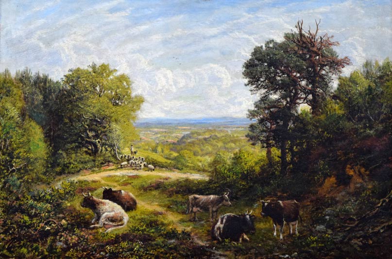 ジョージ　W　モート（GEORGE　WILLIAM　MOTE）「群れを気遣う羊飼い（19世紀英国絵画）」油絵・変形25号　作品全体画像