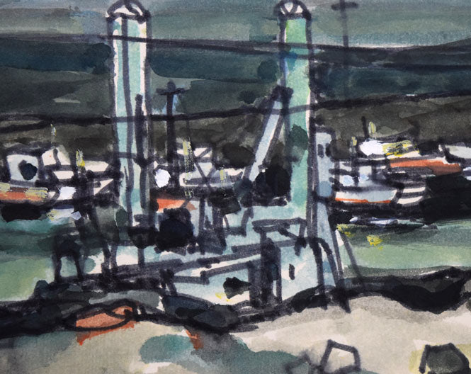 鹿毛正三「漁港風景（苫小牧）」水彩画・色紙　拡大画像1
