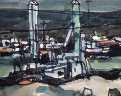 鹿毛正三「漁港風景（苫小牧）」水彩画・色紙　拡大画像1