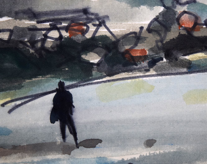 鹿毛正三「漁港風景（苫小牧）」水彩画・色紙　拡大画像3