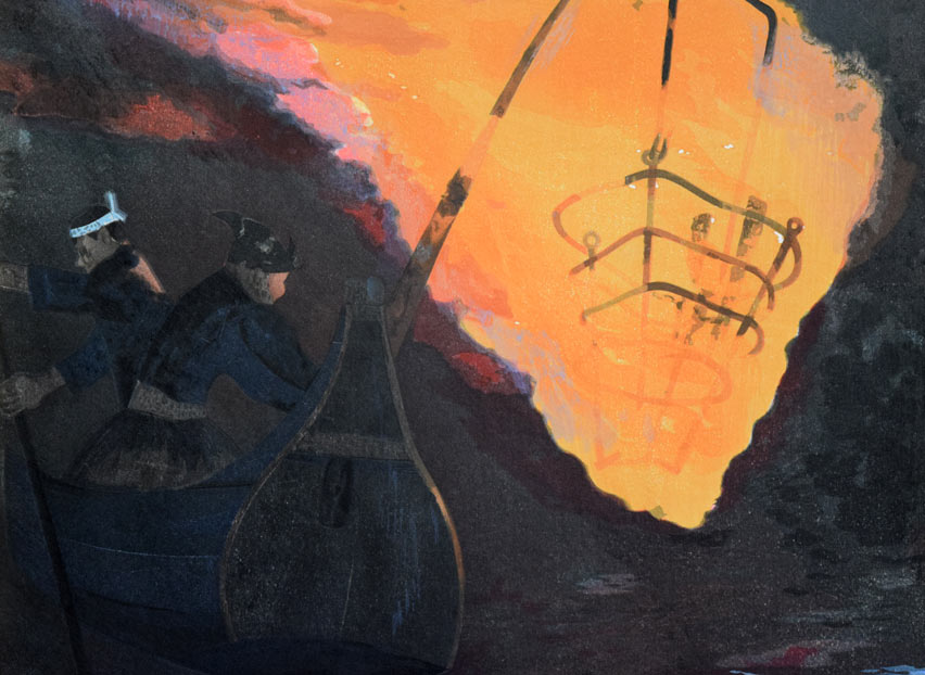 加藤東一「燎火」木版画　拡大部分1