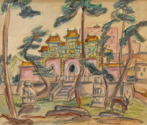 川島理一郎「中国風景」水彩画　作品全体拡大画像