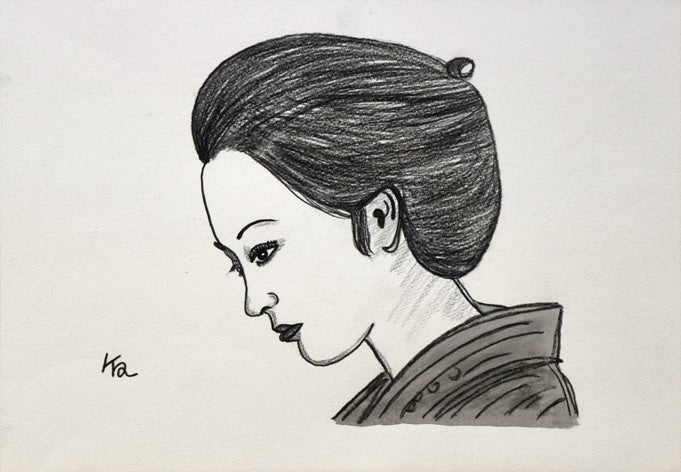 風間完「女の横顔」肉筆鉛筆・墨画　作品全体拡大画像