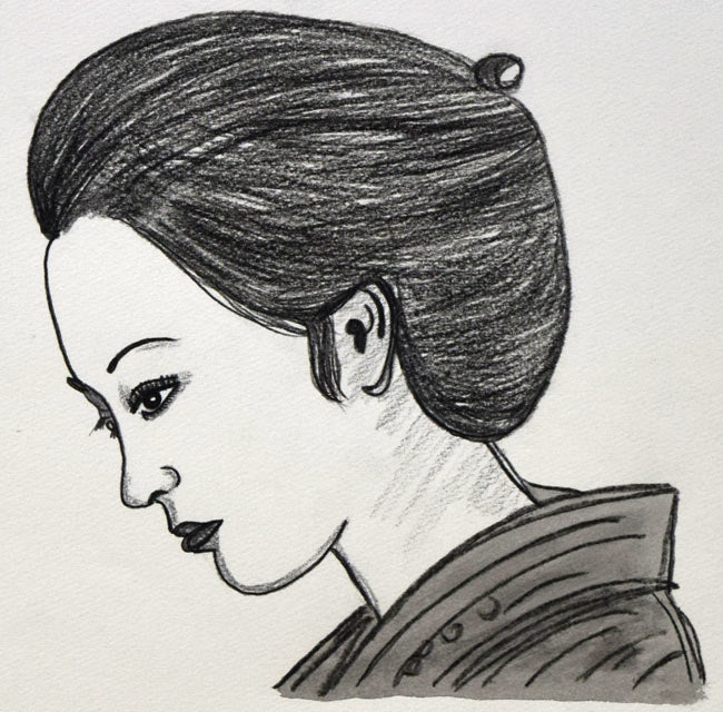 風間完「女の横顔」肉筆鉛筆・墨画　拡大画像1