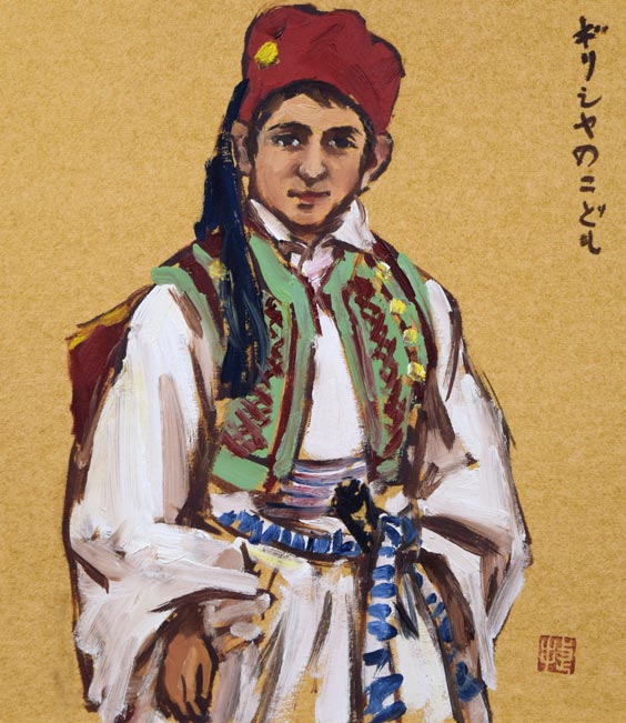 木村捷司「ギリシャのこども」油絵・金色紙　作品全体画像