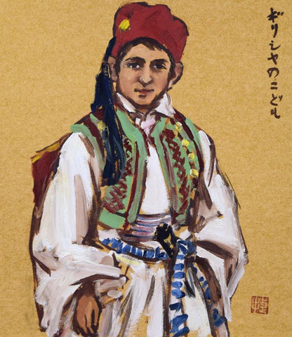 木村捷司「ギリシャのこども」油絵・金色紙　作品全体画像