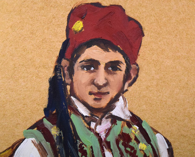 木村捷司「ギリシャのこども」油絵・金色紙　拡大画像1