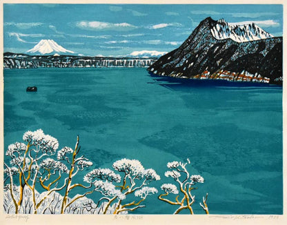 北岡文雄「冬の摩周湖」木版画　作品全体画像