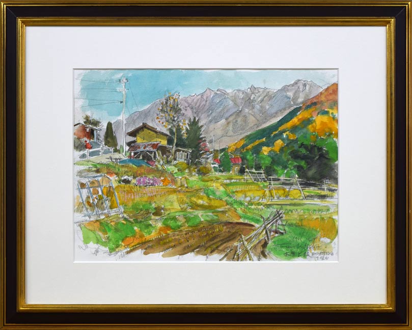 北岡文雄「木曽上町より木曽駒ヶ岳を望む」水彩画