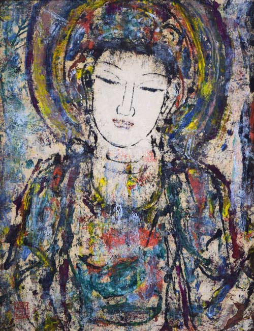 孔柏基（KONG　Baiji）「観音」パネルに貼付した紙に油彩・F6号　作品全体拡大画像