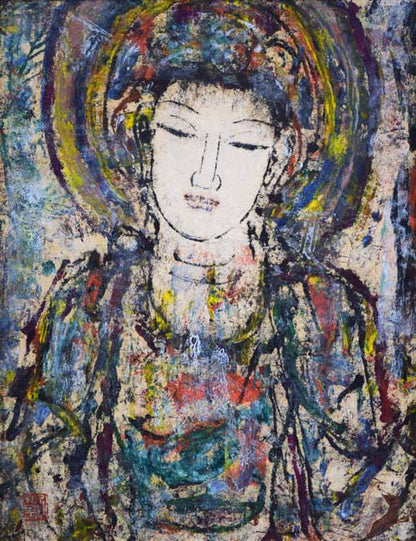 孔柏基（KONG　Baiji）「観音」パネルに貼付した紙に油彩・F6号　作品全体拡大画像